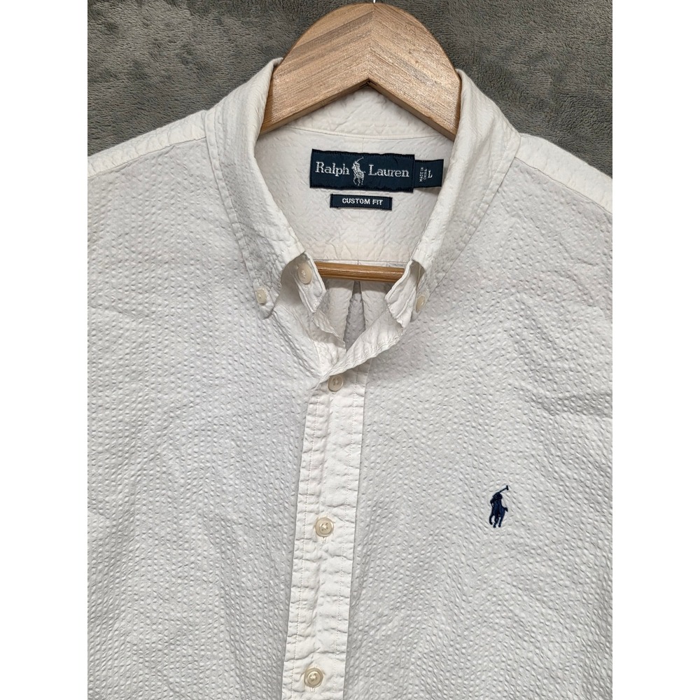 Polo Ralph Lauren Mens White Seersucker Short Sleeve Button Down Shirt Custom L